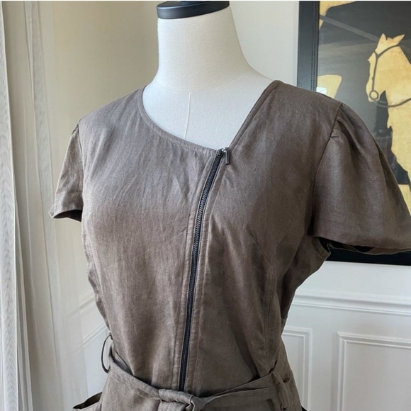 Animale Mocha Linen Asymmetrical Zip Sheath Dress Bucket Pockets 8 modern - Picture 2 of 13
